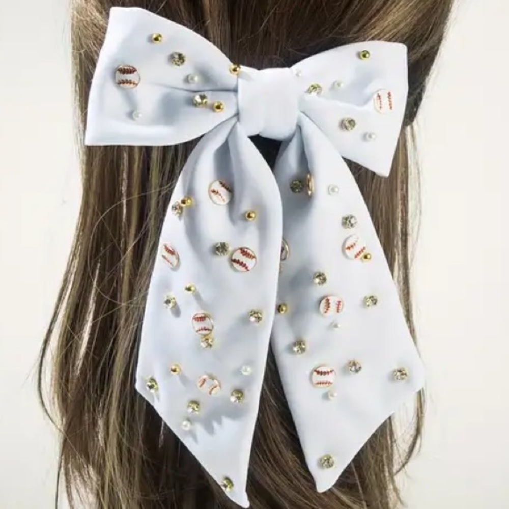 Game Day White Baseball Bow Hair Clip barrette